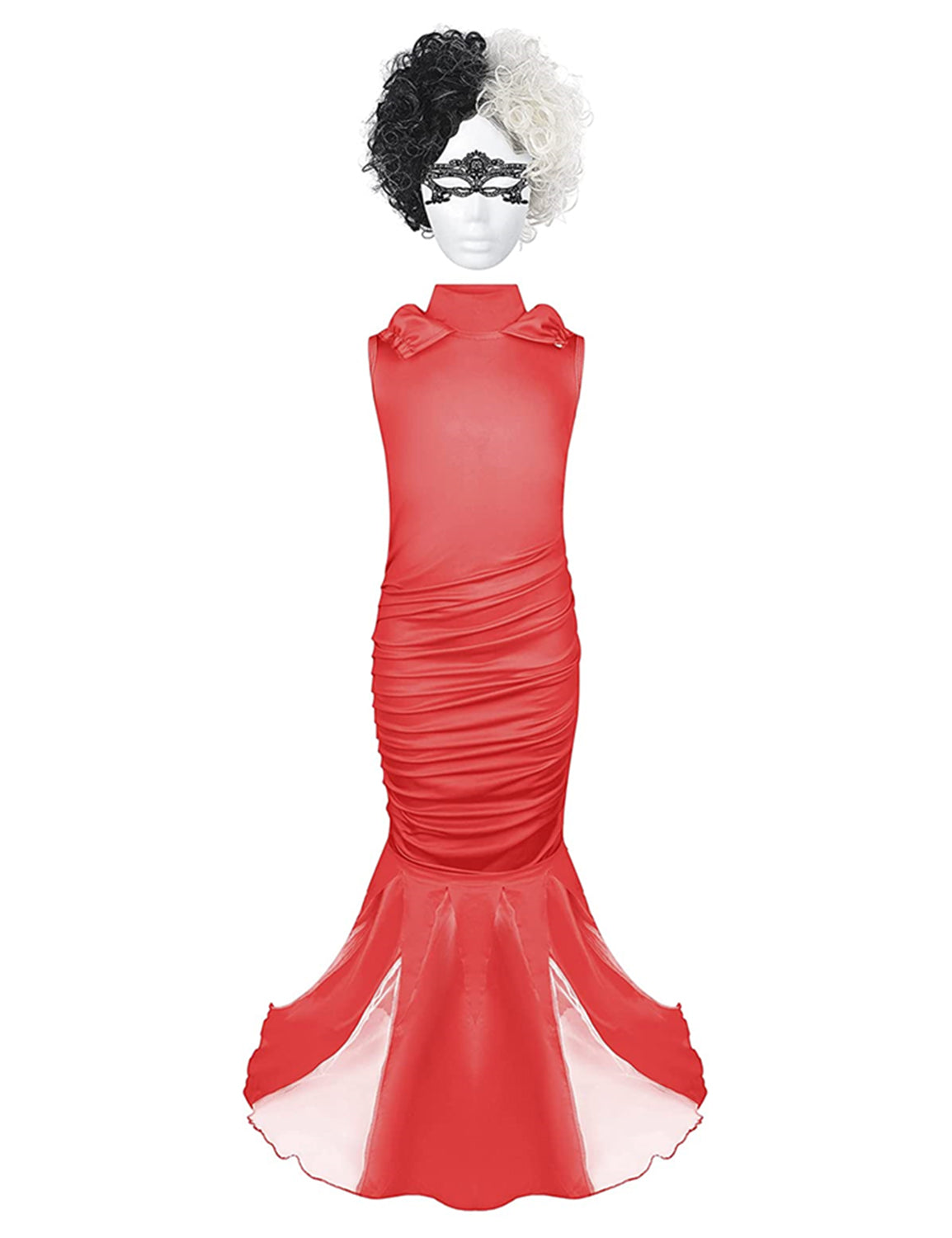 Cruella Costume Kids Girls Red Dress Long Robe with Wig Masks