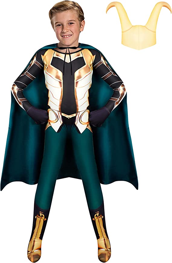 Superhero Costume for Kids Boys Party Jumpsuit Halloween Cosplay with Cape Helmet 5-12 Years