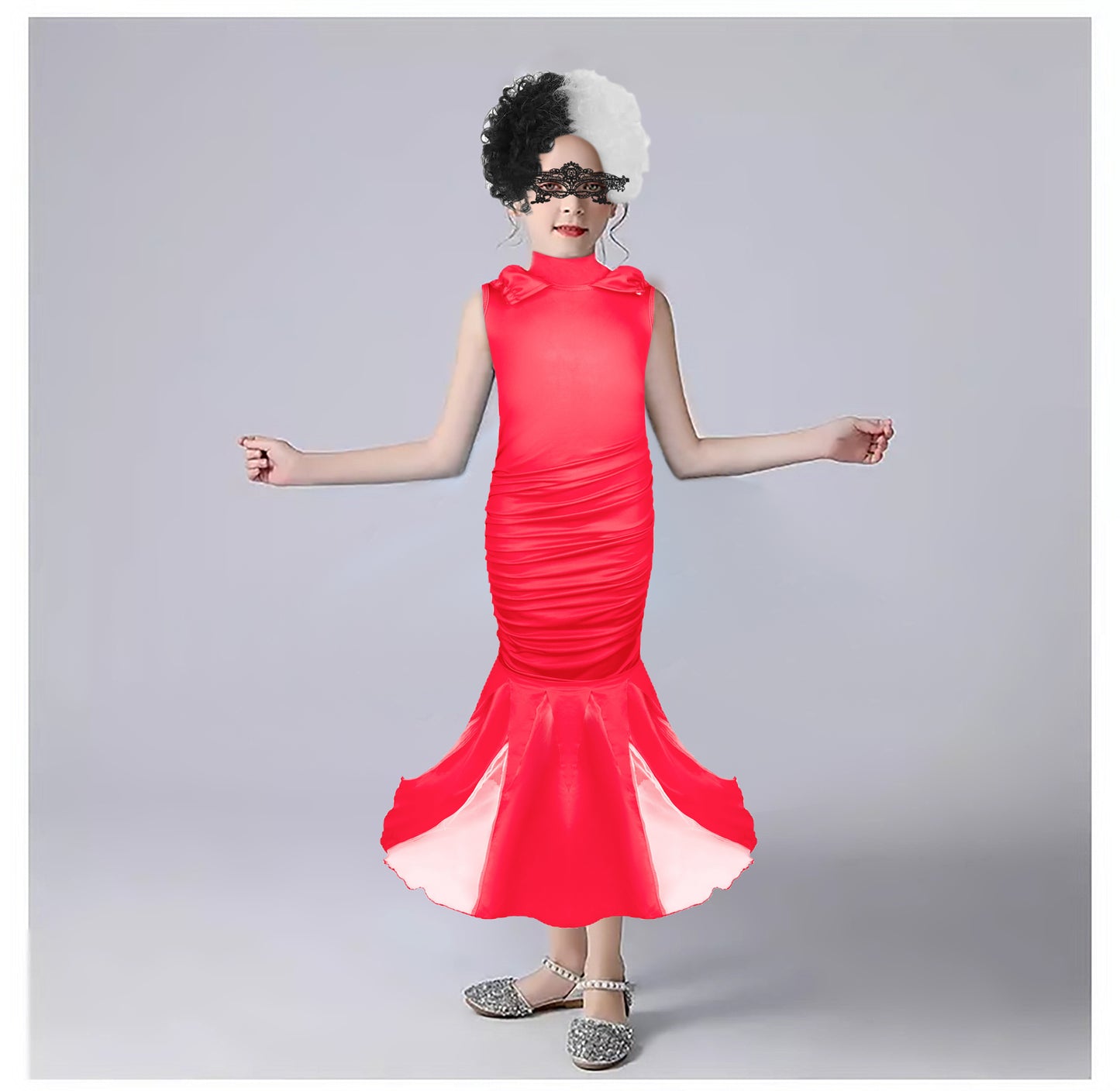 Cruella Costume Kids Girls Red Dress Long Robe with Wig Masks