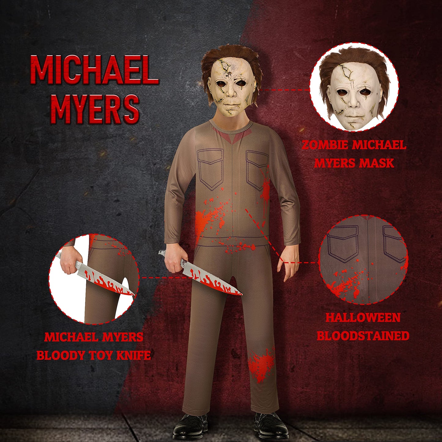 Michael Freddy Jason Halloween Cosplay Costume for Kids Scary Killer Jumpsuit Cosplay with Mask 4-12 Years
