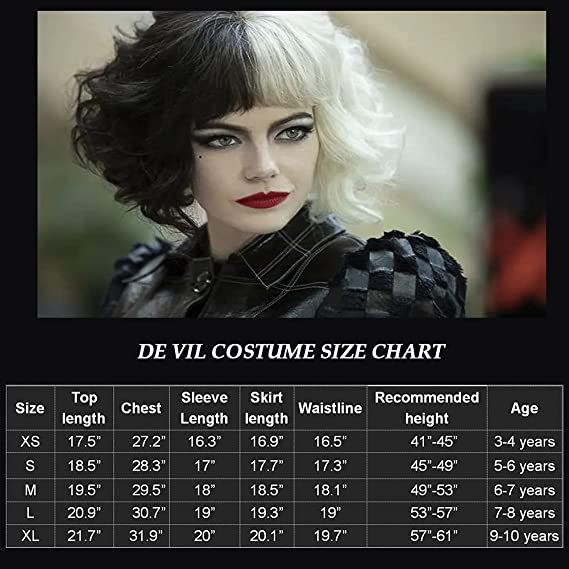 Cruella Costume Kids Girls Jacket Dress with Wig Gloves Outfits