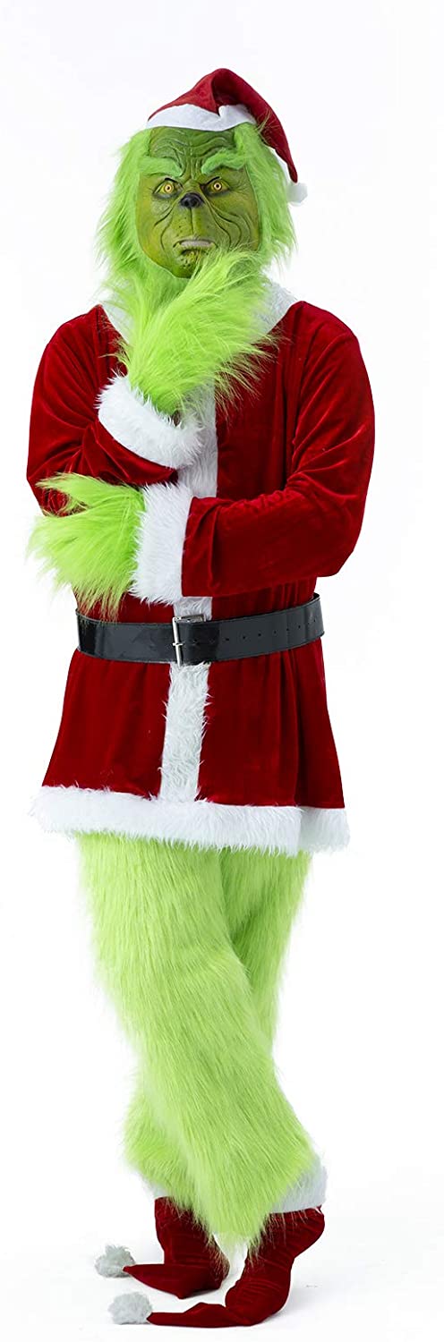 Christmas Green Grinch Costume - 7PCS Adult Santa Suit Set (Including Mask)