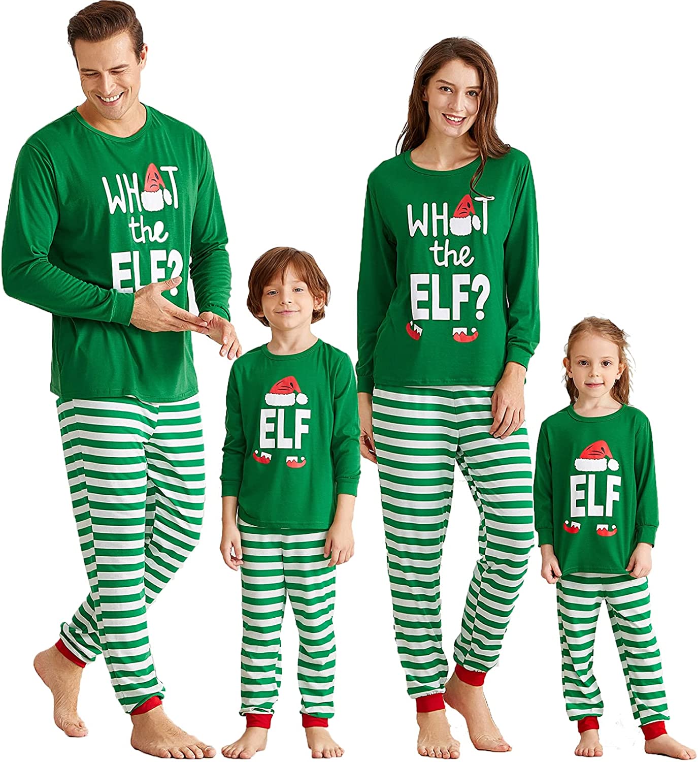 Matching Family Christmas Pajamas Sets ELF Tee and Striped Bottom PJ's