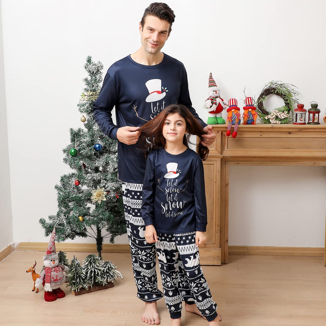 Matching Christmas Pajamas for Family, Funny Holiday Cute Let It Snow Print Tops and Plaid Pants Xmas Sleepwear Pjs Set