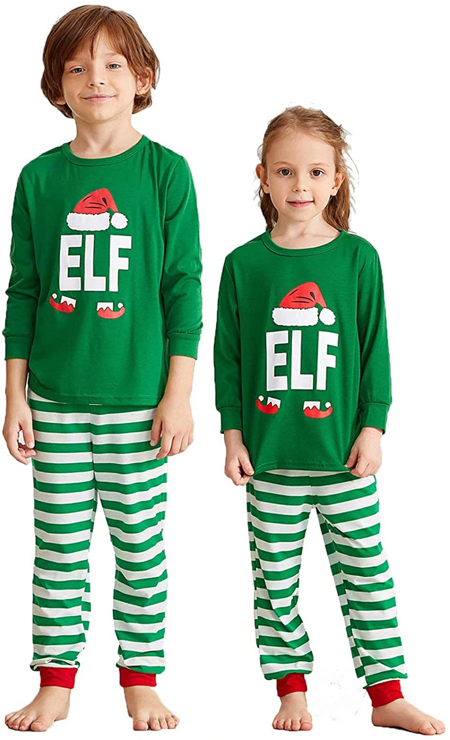 Matching Family Christmas Pajamas Sets ELF Tee and Striped Bottom PJ's