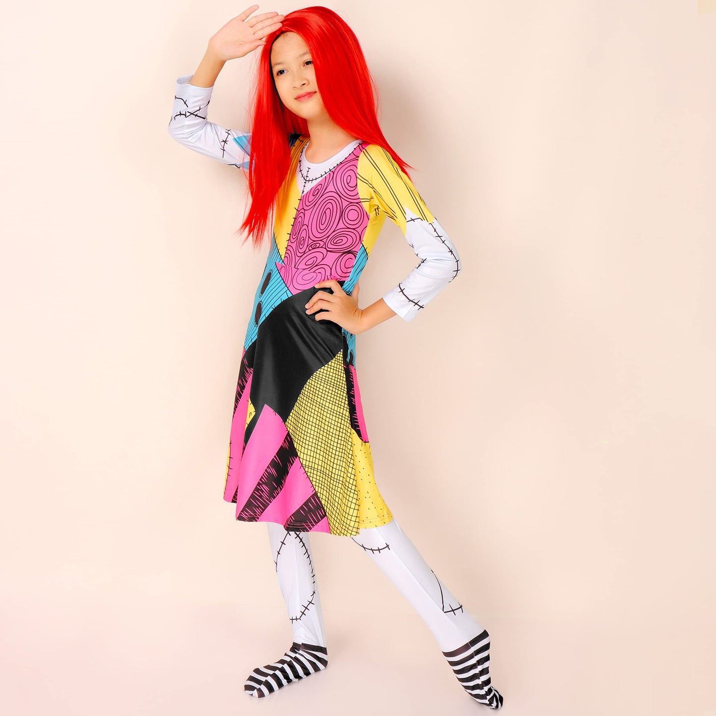 Sally Costume Girls with Wig Halloween Dress Up Round Neck Girls Costume Dress 4-12 Years