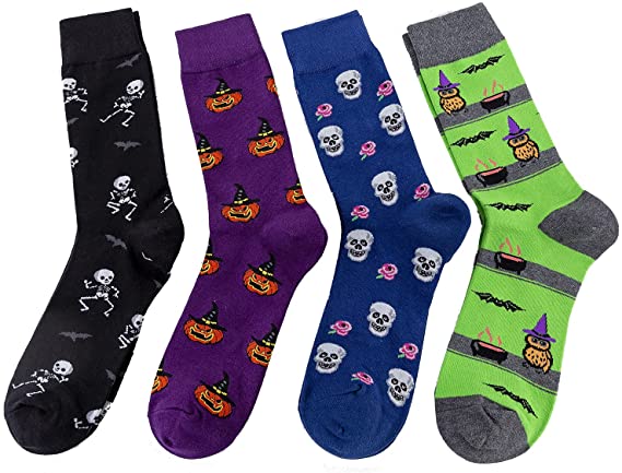 Mens Halloween Holiday Printed Crew Long Casual Socks(4Packs)