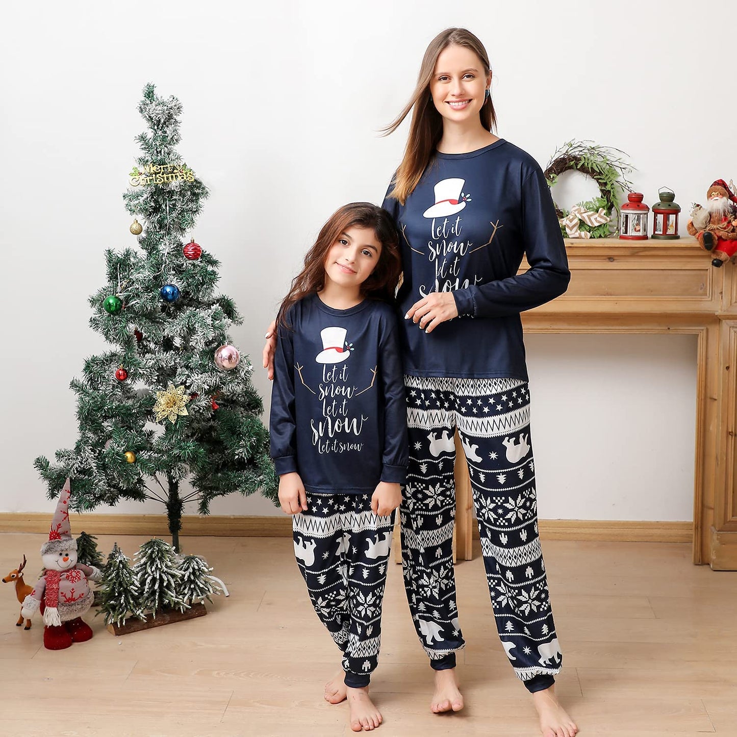 Matching Christmas Pajamas for Family, Funny Holiday Cute Let It Snow Print Tops and Plaid Pants Xmas Sleepwear Pjs Set