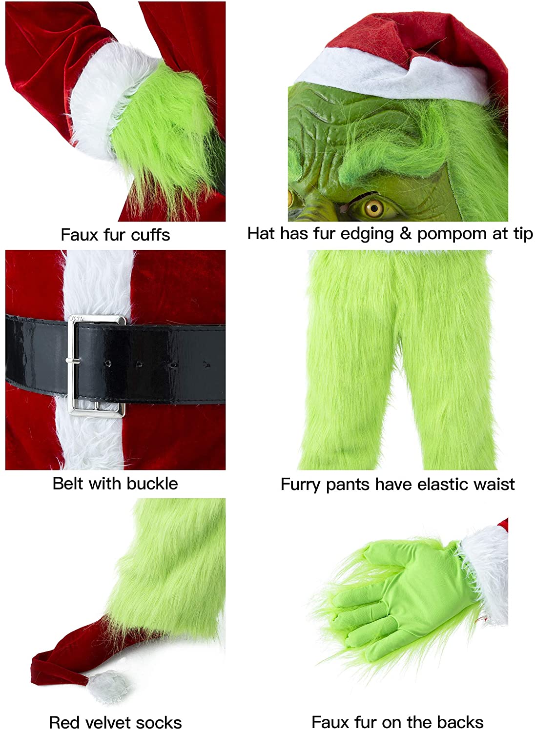 Christmas Green Grinch Costume - 7PCS Adult Santa Suit Set (Including Mask)