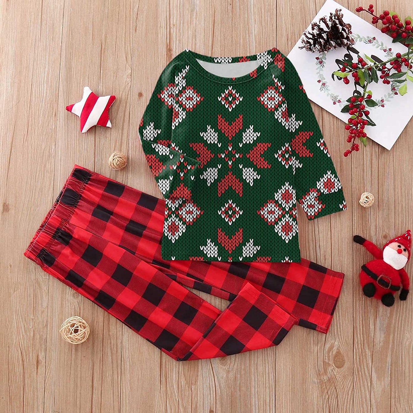 Matching Family Pajamas Sets Christmas PJ's Print Top and Plaid Pants Xmas Sleepwear