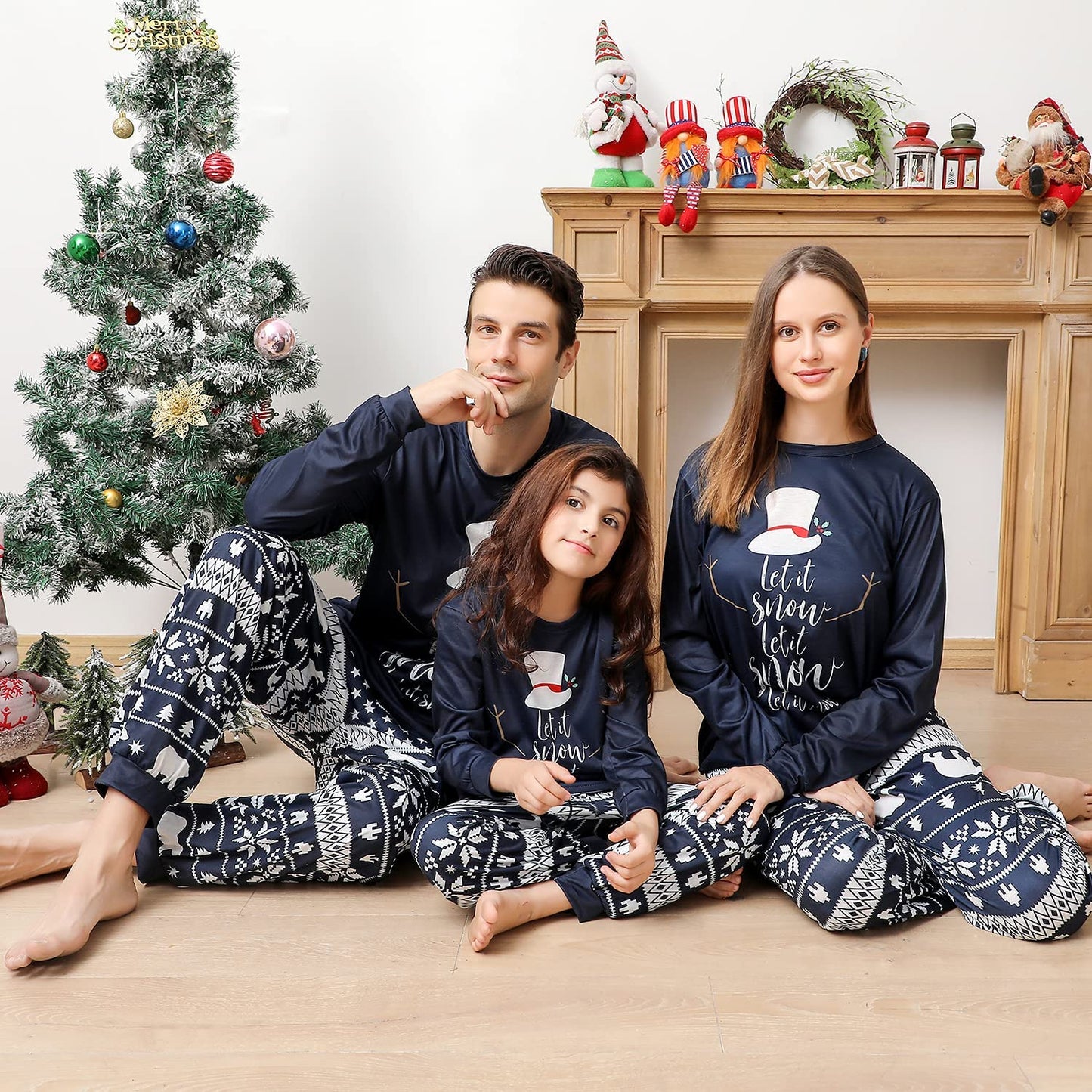 Matching Christmas Pajamas for Family, Funny Holiday Cute Let It Snow Print Tops and Plaid Pants Xmas Sleepwear Pjs Set
