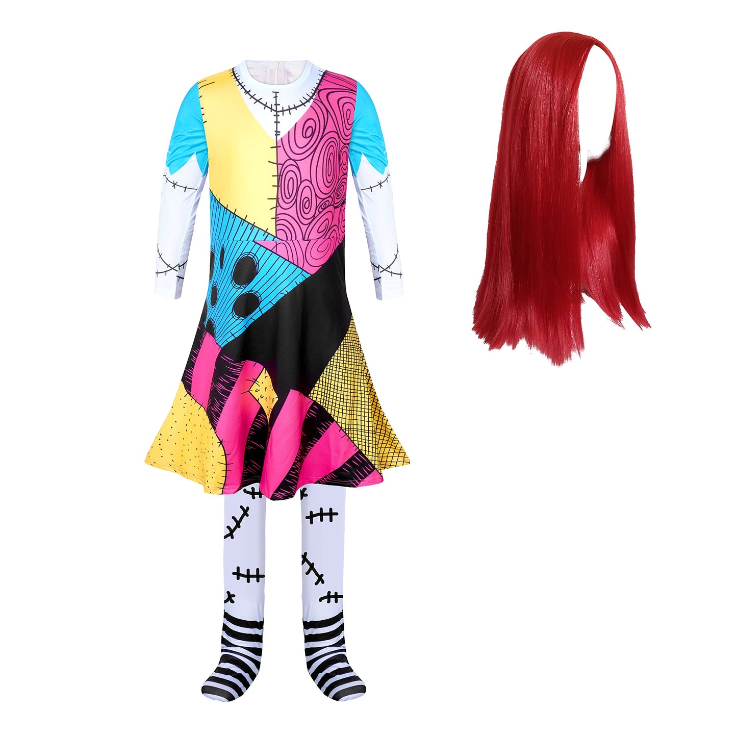 Sally Costume Girls with Wig Halloween Dress Up Round Neck Girls Costume Dress 4-12 Years