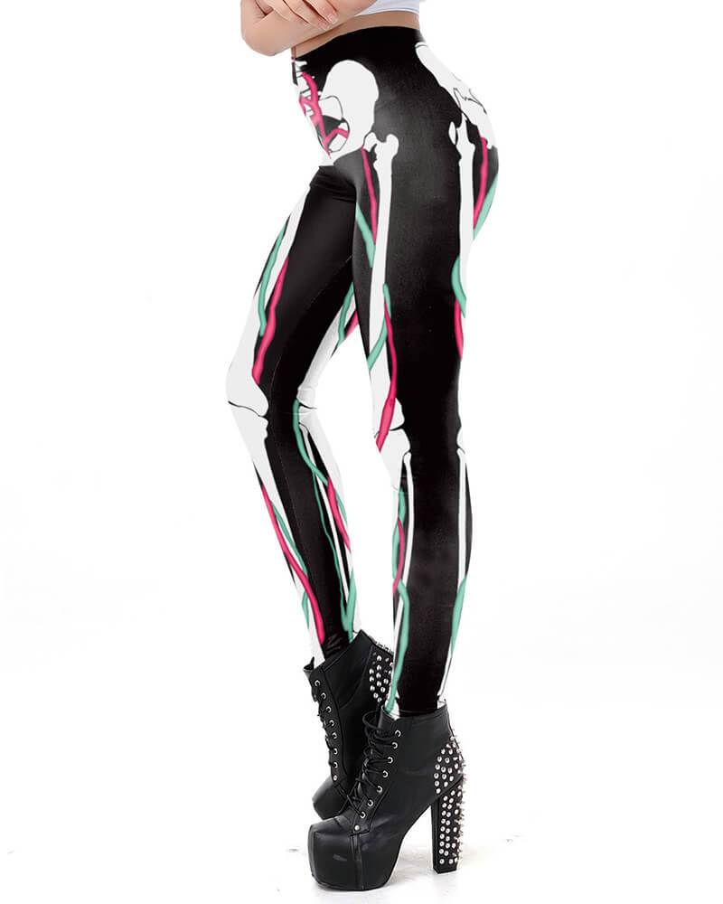 Skeleton Leg With Ribbon Halloween Leggings Black White