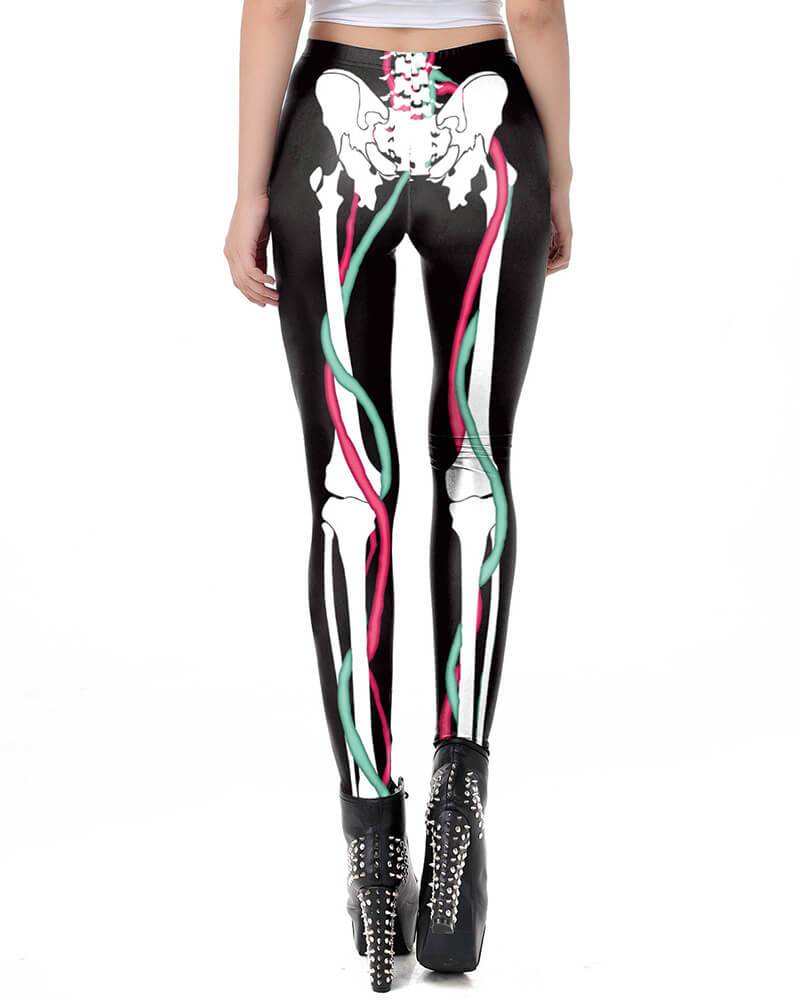 Skeleton Leg With Ribbon Halloween Leggings Black White