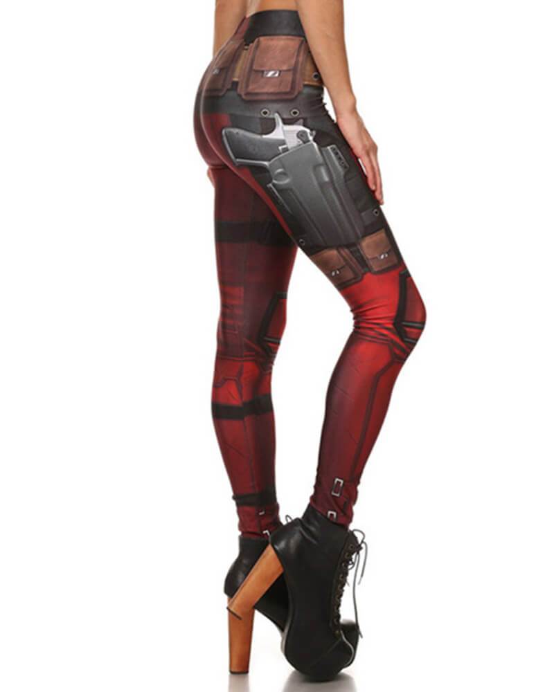 Deadpool Print Cosplay Halloween Flex Leggings Red Coffee