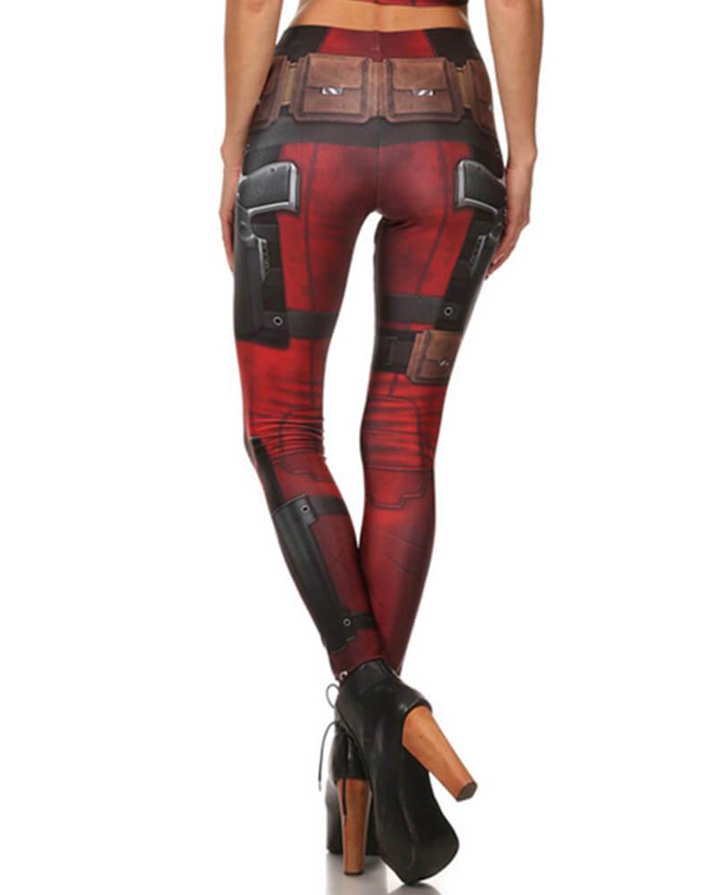 Deadpool Print Cosplay Halloween Flex Leggings Red Coffee
