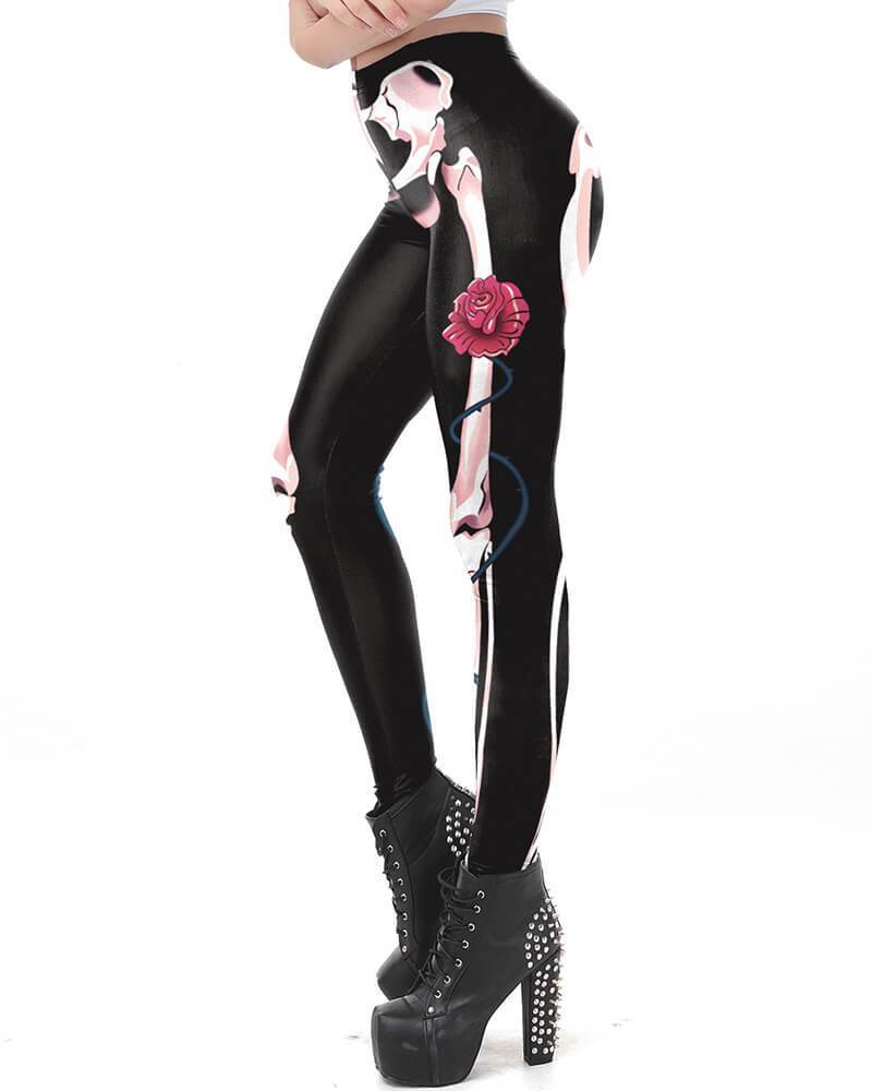 Skeleton Leg Printed Black Halloween Leggings