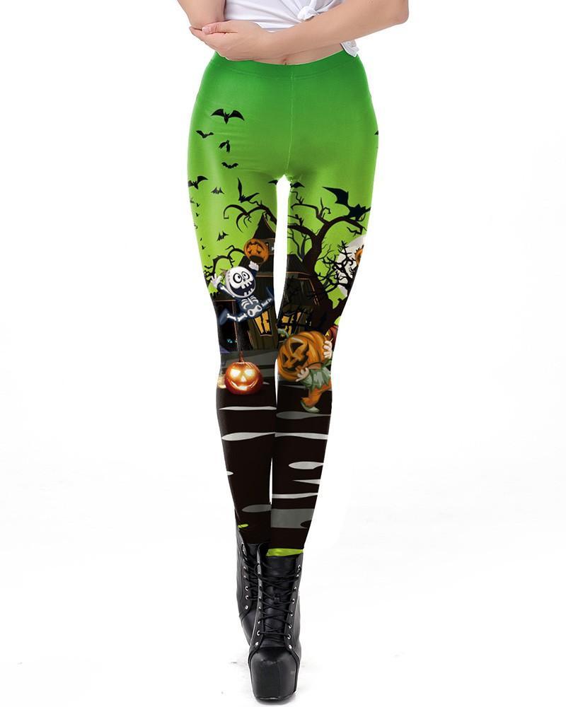 Green Black Halloween Pumpkin House Escape Leggings