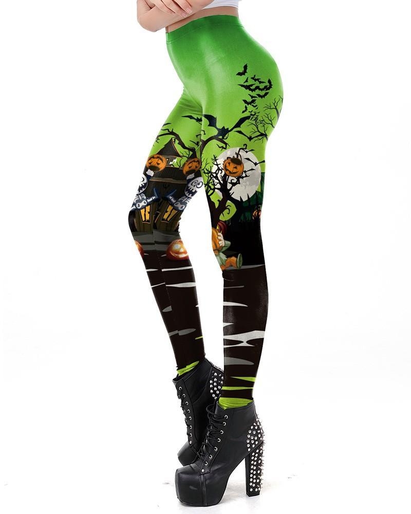 Green Black Halloween Pumpkin House Escape Leggings
