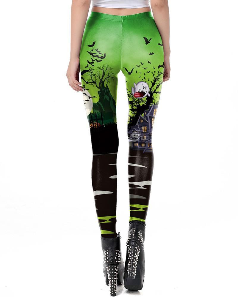 Green Black Halloween Pumpkin House Escape Leggings