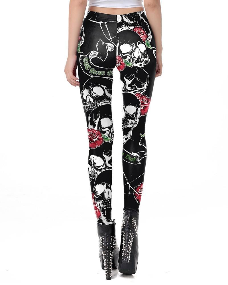 Black Skull Rose Print Halloween Costume Print Leggings