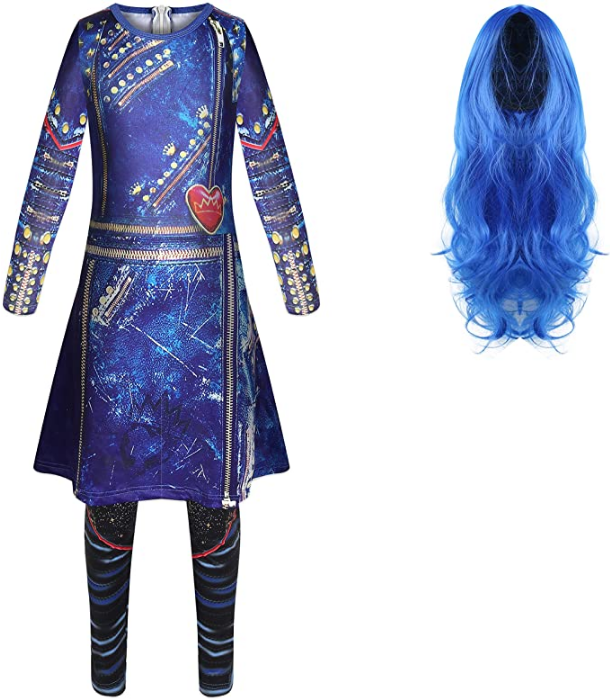 Girls Costume Jumpsuit with Dark Blue Long Wavy Wigs