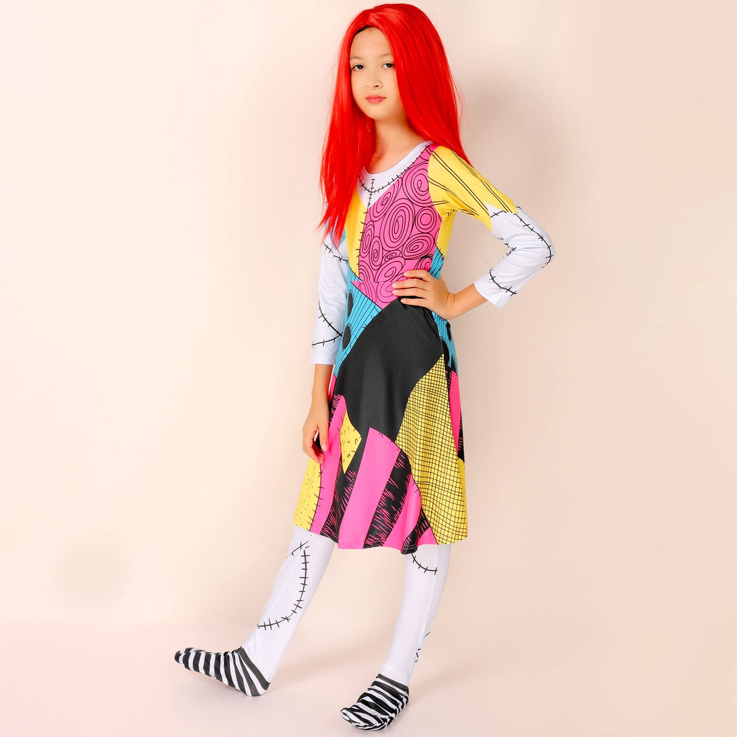 Sally Costume Girls with Wig Halloween Dress Up Round Neck Girls Costume Dress 4-12 Years