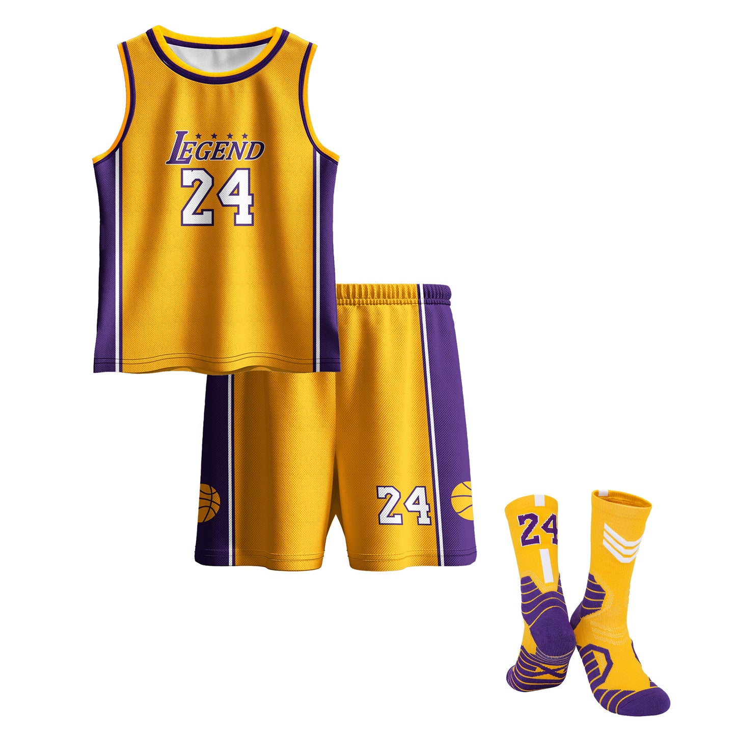 Kids Basketball Jerseys #24 Mesh Sleeveless Tank Top Shorts Socks for Boys Girls 3PC Athletic Training Uniforms