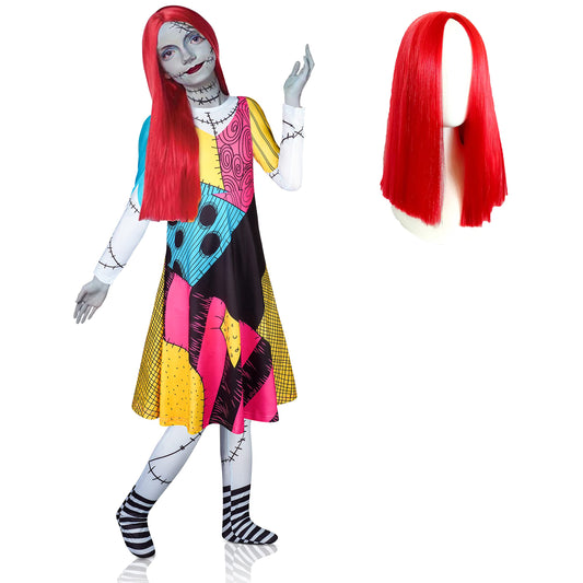 Sally Costume Girls with Wig Halloween Dress Up Round Neck Girls Costume Dress 4-12 Years