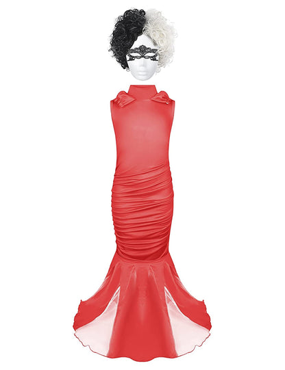 Cruella Costume Kids Girls Red Dress Long Robe with Wig Masks