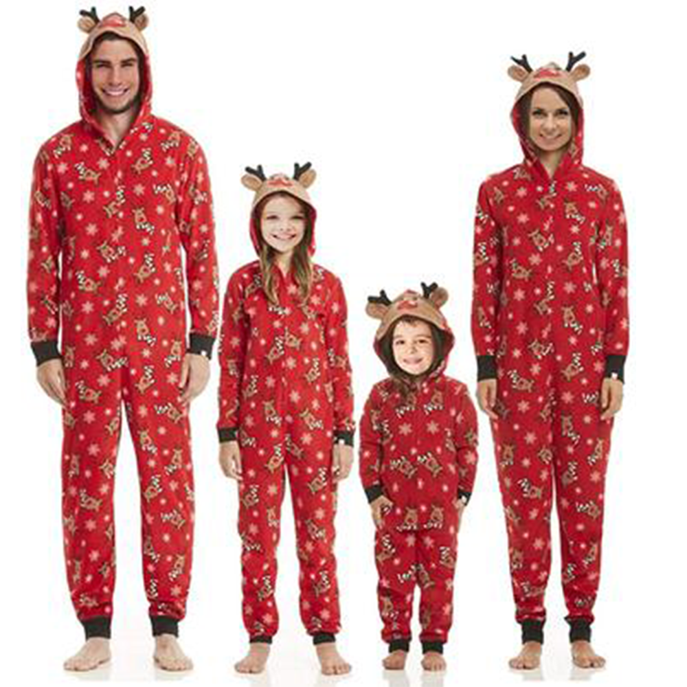 Family Matching Christmas Pajamas Set Sleepwear Jumpsuit Hoodie with Hood Matching Holiday PJ's for Family