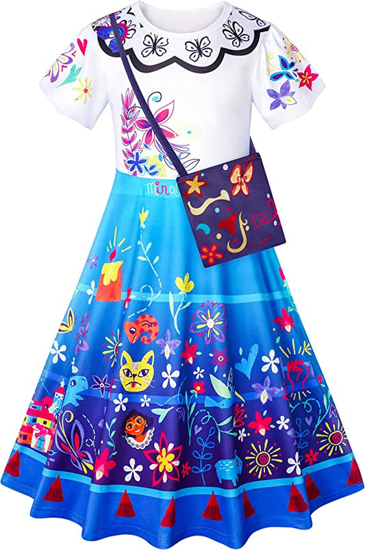 Mirabel Costume Girls Princess Outfit Jumpsuit Kids Halloween Party Cosplay Summer Dress Up with Bag 4-9 Years