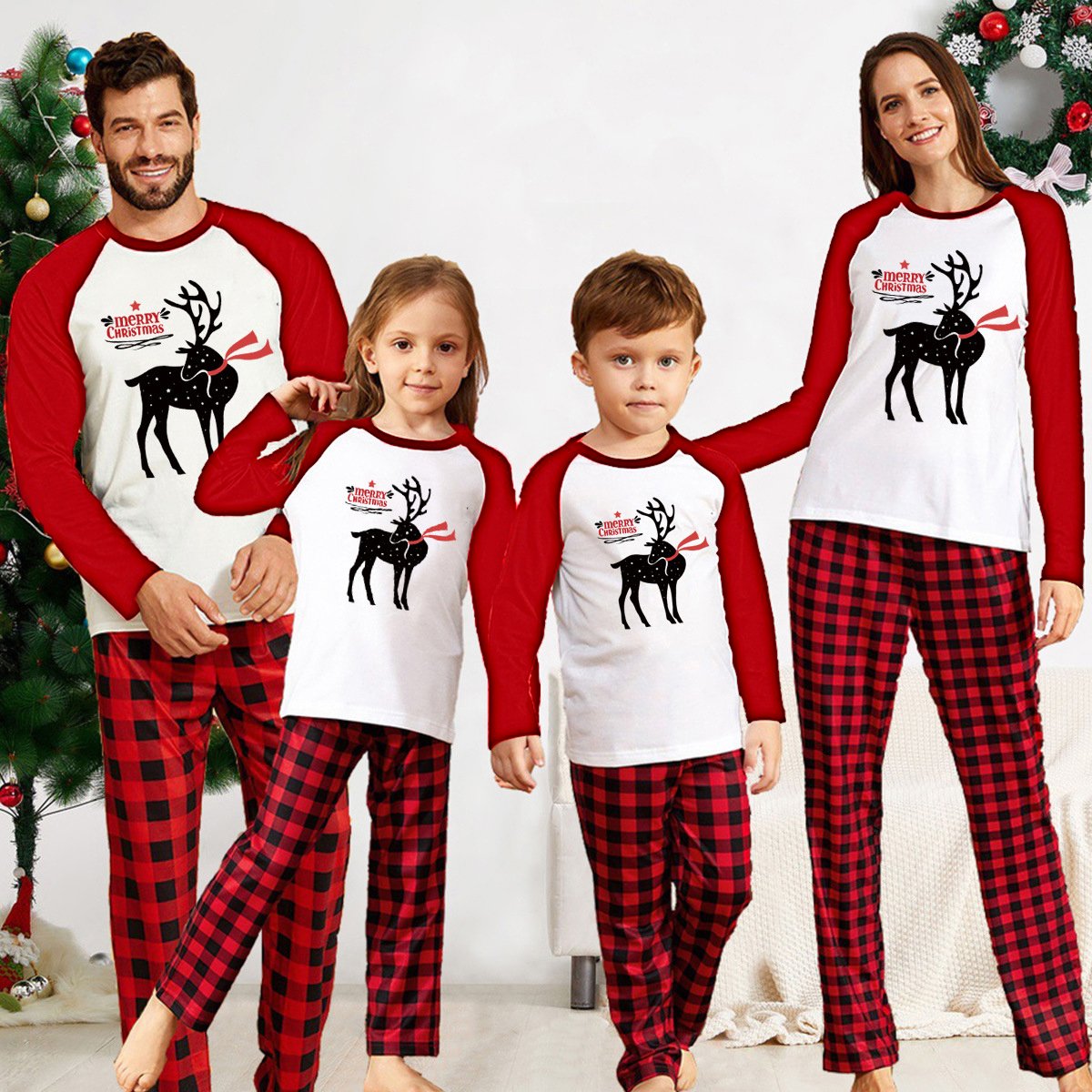 Family Christmas White Deer Printing Pajama Set