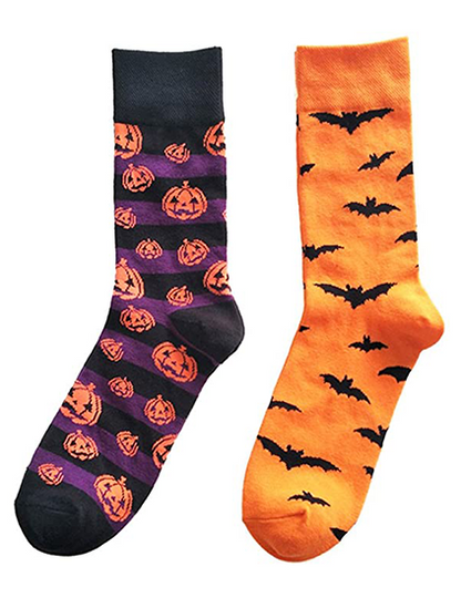 2Pairs Mens Halloween Holiday Pumpkins Bats Long Casual Socks