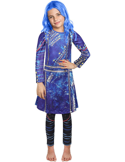 Girls Costume Jumpsuit with Dark Blue Long Wavy Wigs