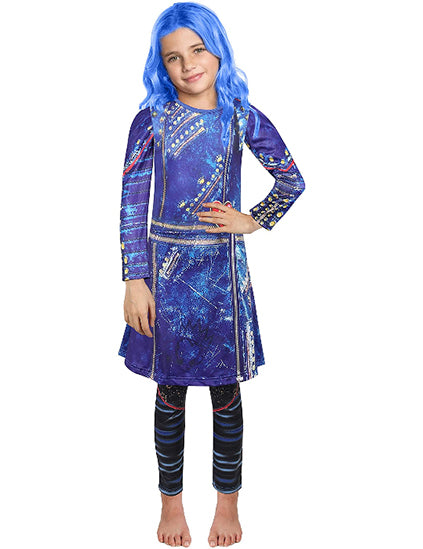 Girls Costume Jumpsuit with Dark Blue Long Wavy Wigs