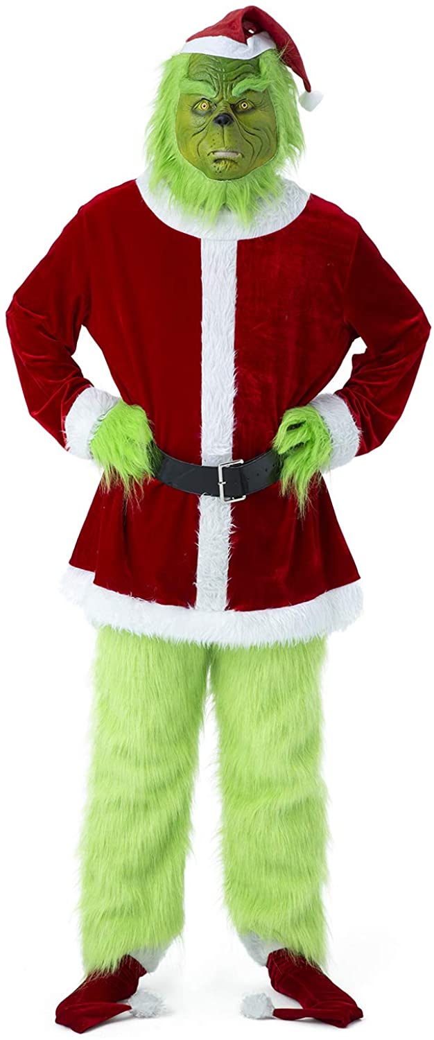 Christmas Green Grinch Costume - 7PCS Adult Santa Suit Set (Including Mask)