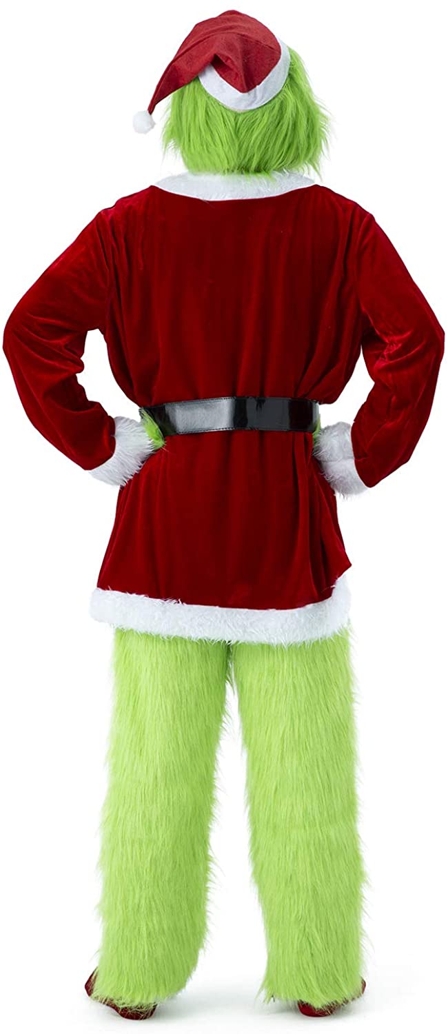 Christmas Green Grinch Costume - 7PCS Adult Santa Suit Set (Including Mask)