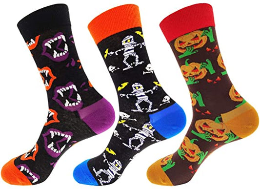 Mens Halloween Holiday Printed Crew Long Casual Socks（3Packs）
