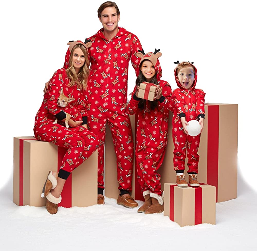 Family Matching Christmas Pajamas Set Sleepwear Jumpsuit Hoodie with Hood Matching Holiday PJ's for Family