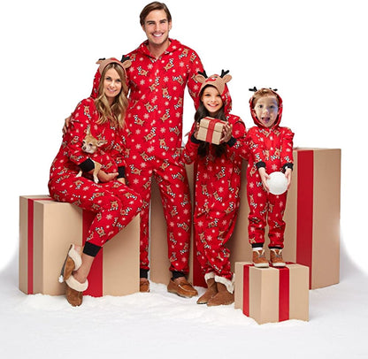 Family Matching Christmas Pajamas Set Sleepwear Jumpsuit Hoodie with Hood Matching Holiday PJ's for Family