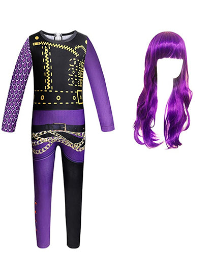 Girls Costume Jumpsuit with Long Wavy Wigs for Halloween Party