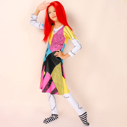 Sally Costume Girls with Wig Halloween Dress Up Round Neck Girls Costume Dress 4-12 Years