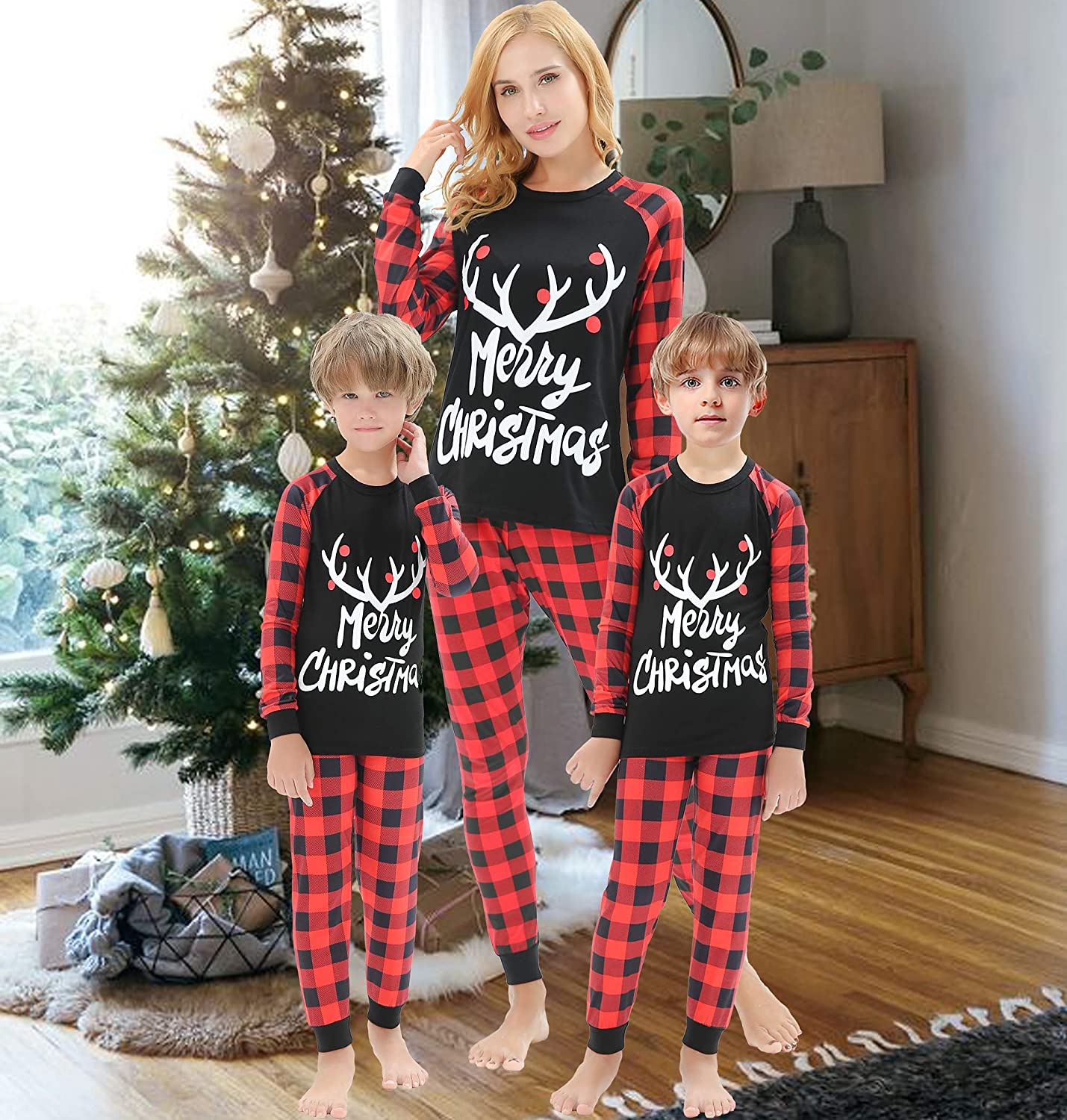 Matching Family Christmas Pajamas Women Men Plaid Deer Sleepwear Elk Clothes Pjs