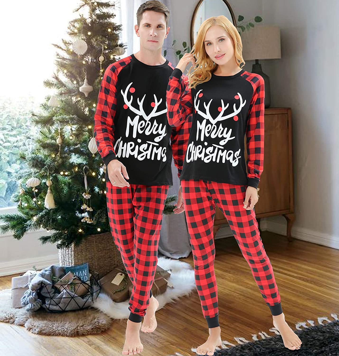 Matching Family Christmas Pajamas Women Men Plaid Deer Sleepwear Elk Clothes Pjs