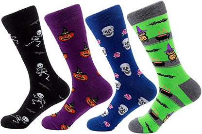 Mens Halloween Holiday Printed Crew Long Casual Socks（4Packs）