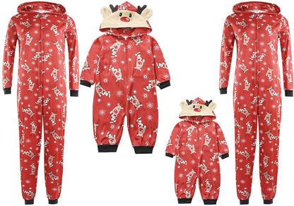 Family Matching Christmas Pajamas Set Sleepwear Jumpsuit Hoodie with Hood Matching Holiday PJ's for Family