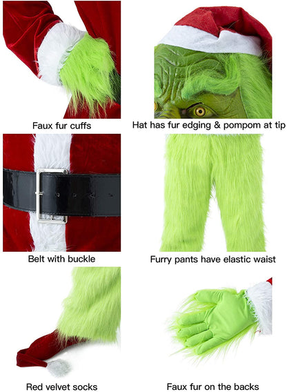 Christmas Green Grinch Costume - 7PCS Adult Santa Suit Set (Including Mask)