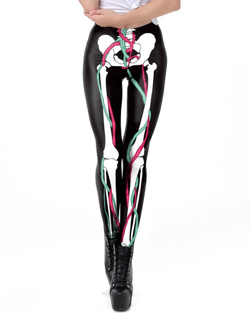 Skeleton Leg With Ribbon Halloween Leggings Black White