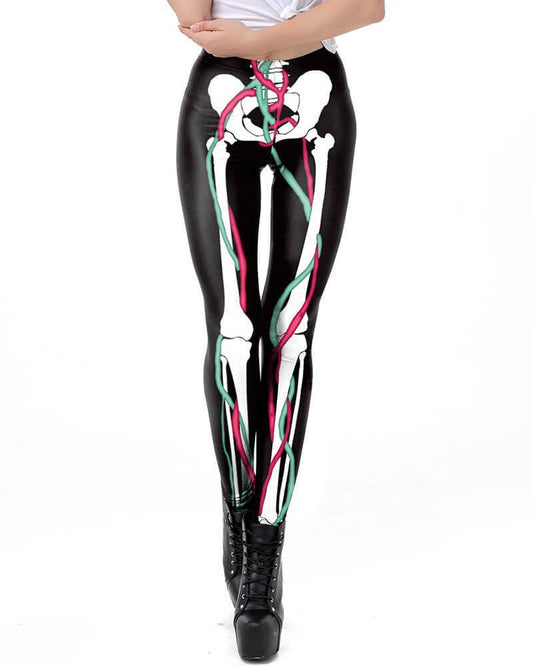 Skeleton Leg With Ribbon Halloween Leggings Black White